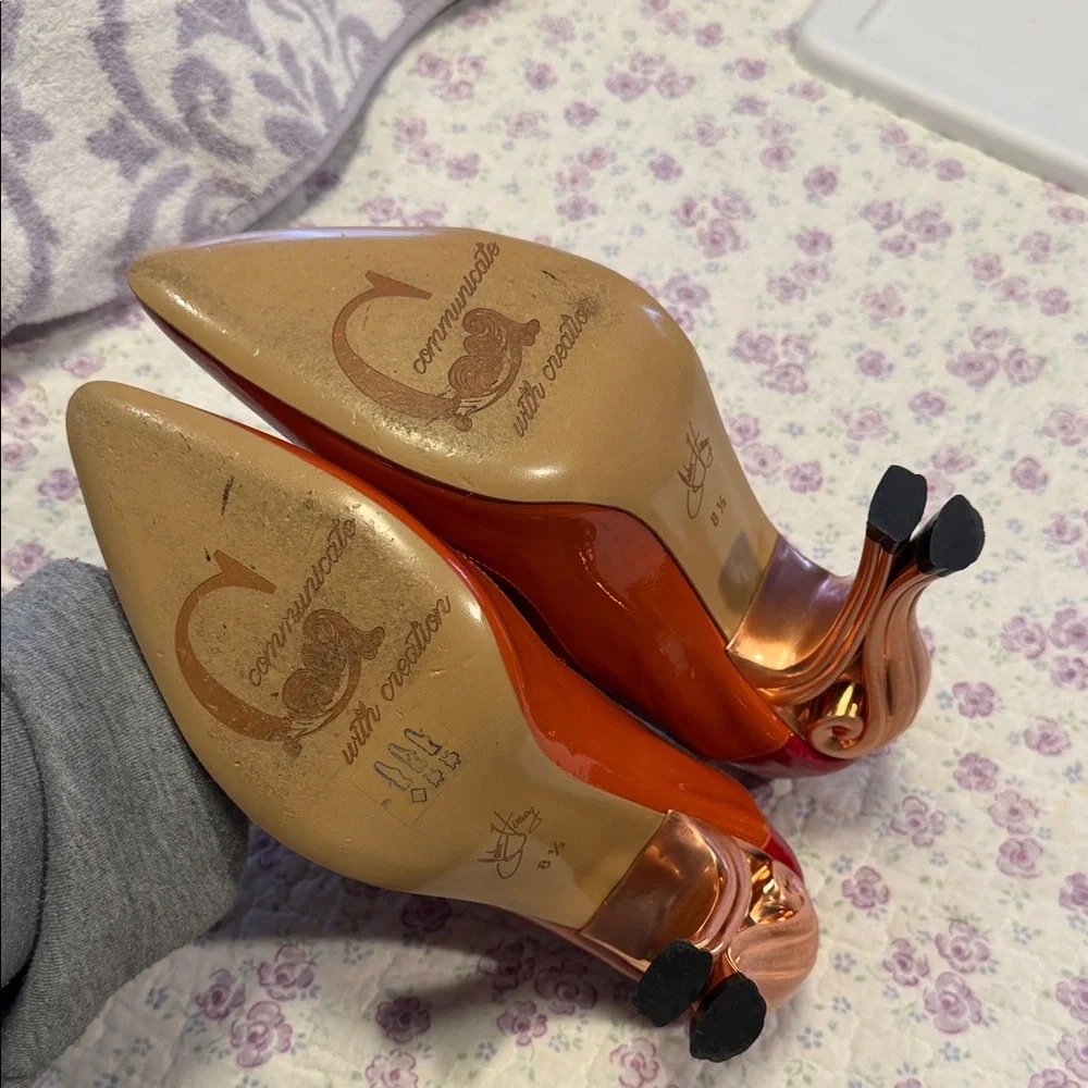 John Fluevog Orange, Red & Pink Patent Mary Jane Pumps - Picture 8 of 9